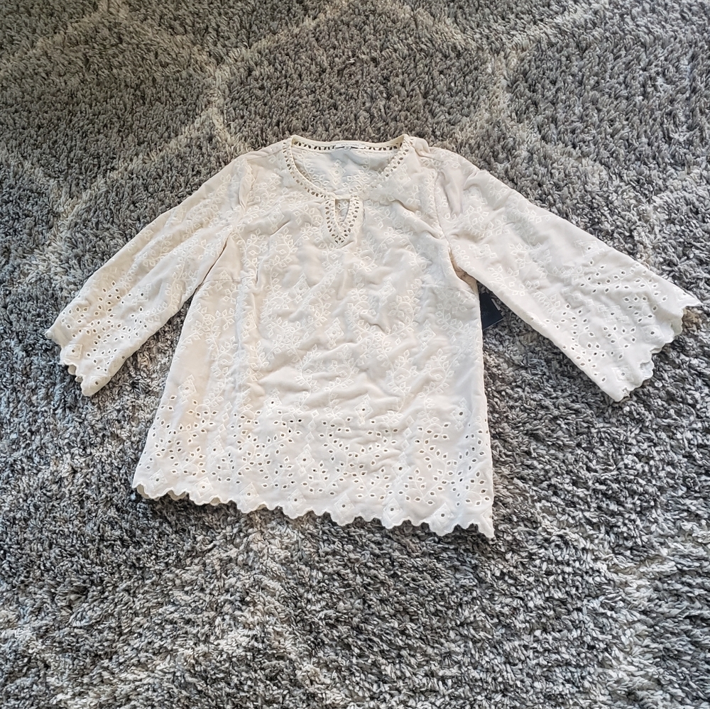 John Mark Ivory Floral Embroidery Blouse